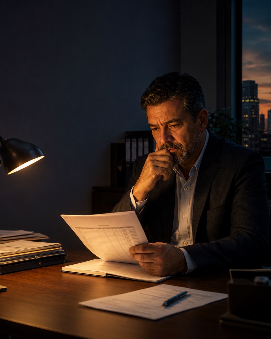 Síndico revisando a prestação de contas do condomínio à noite