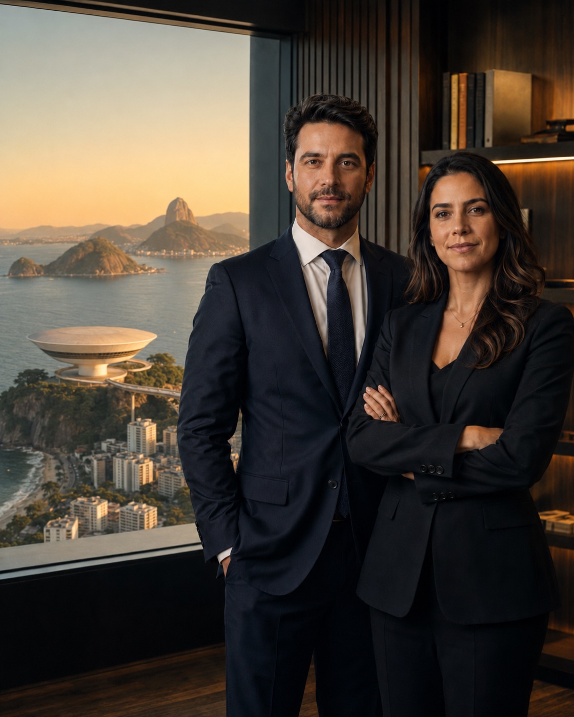 Advogados da Lima & Franco no escritório, com a orla de Niterói ao fundo
